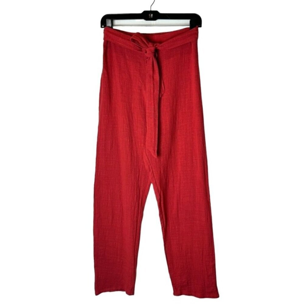 LPA Pants Women Medium Red Gauzy Cotton Elastic Tie Waist High Rise Tapered